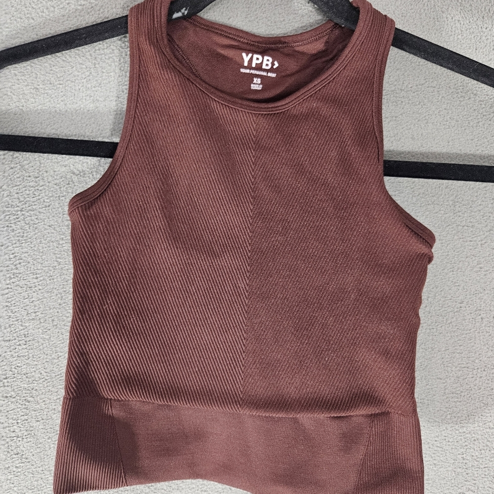 Abercrombie & Fitch YPB Ribbed Shelf Bra Racerback TANK XS Sports Brown Crop